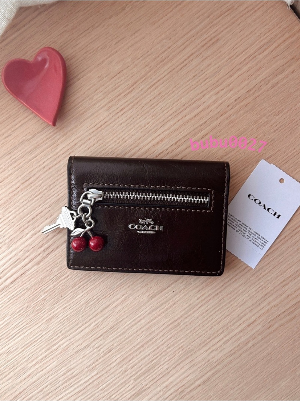 NWT🍒Coach Card Case With Cherry Key Charm Maple Brown CEZ23 Leather Slim Thin